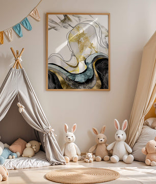 Arte abstracto con líneas fluidas y detalles dorados