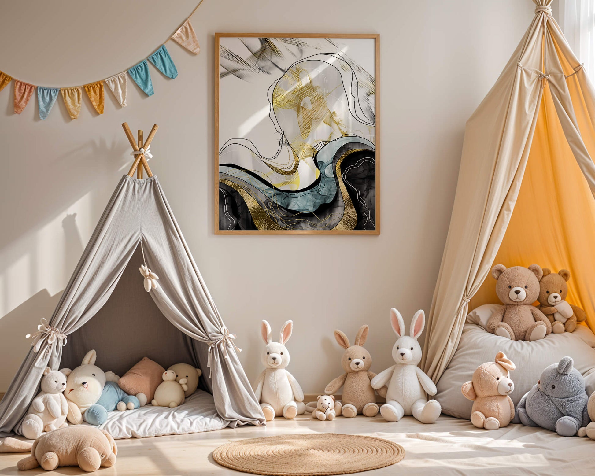 Arte abstracto con líneas fluidas y detalles dorados