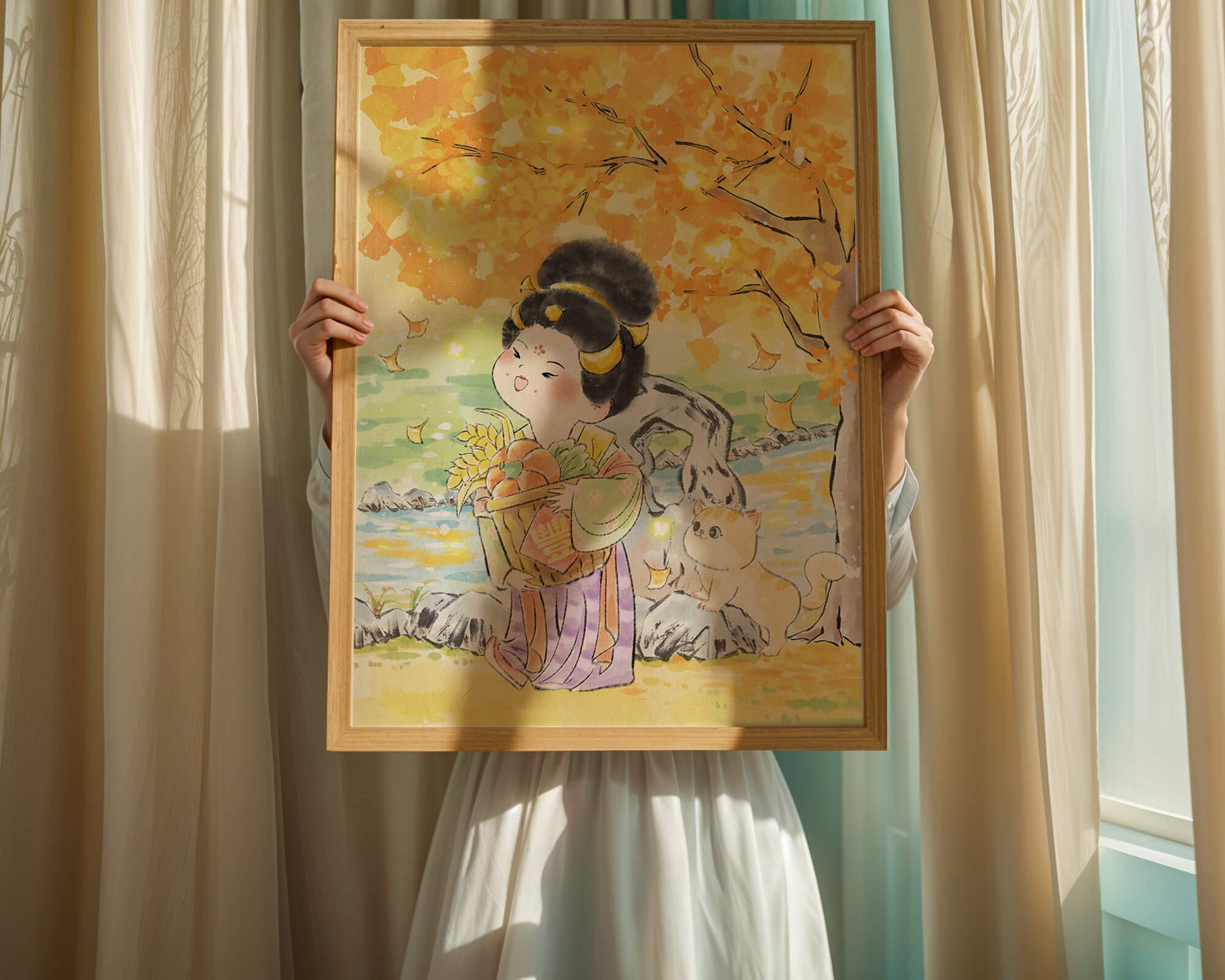 Charming watercolor scene of girl with basket in autumn setting