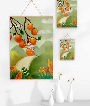 Femme assise sur un fruit orange dans un paysage surréaliste