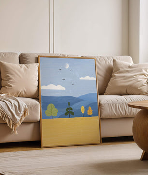 Colorful Landscape with Trees and Birds in a Serene Field