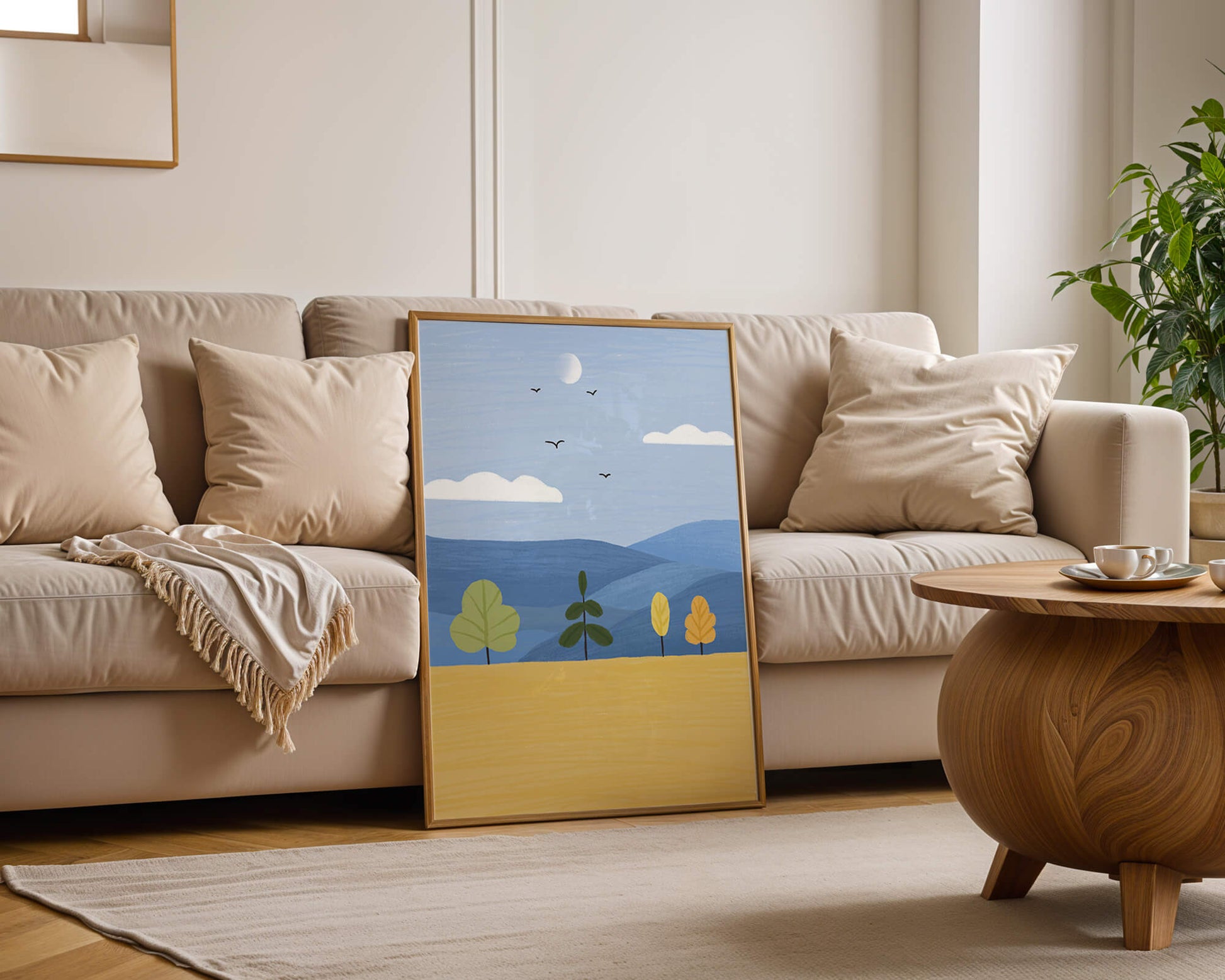 Paisaje colorido con árboles y aves en un campo sereno