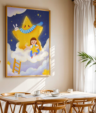 Enfant fantaisiste assis sur un nuage avec une étoile et un lapin dans le ciel nocturne