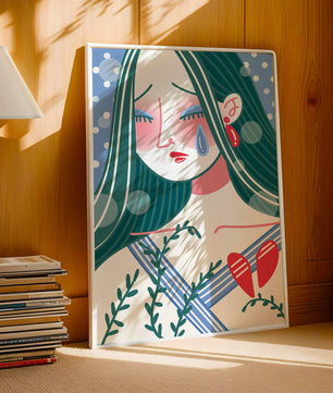 Ilustración de una mujer triste con el corazón roto