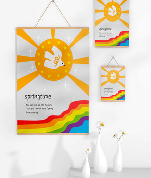 Colorful springtime illustration with dove and rainbow