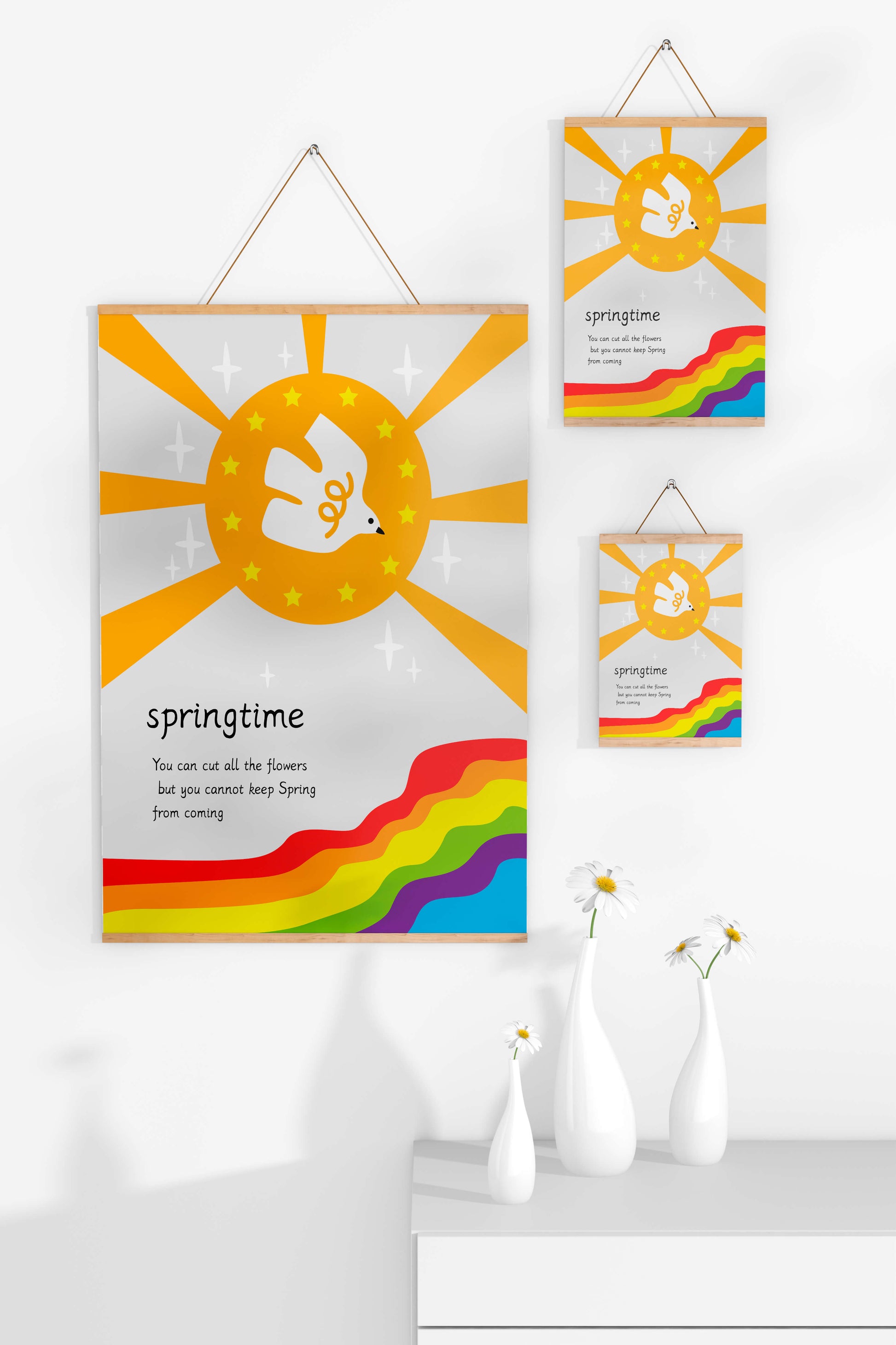 Colorful springtime illustration with dove and rainbow