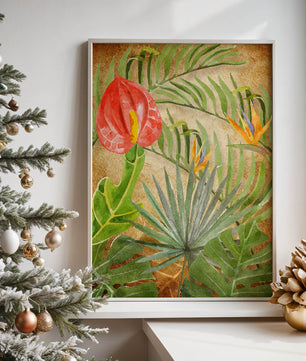 Colorful botanical illustration with tropical leaves on textured background