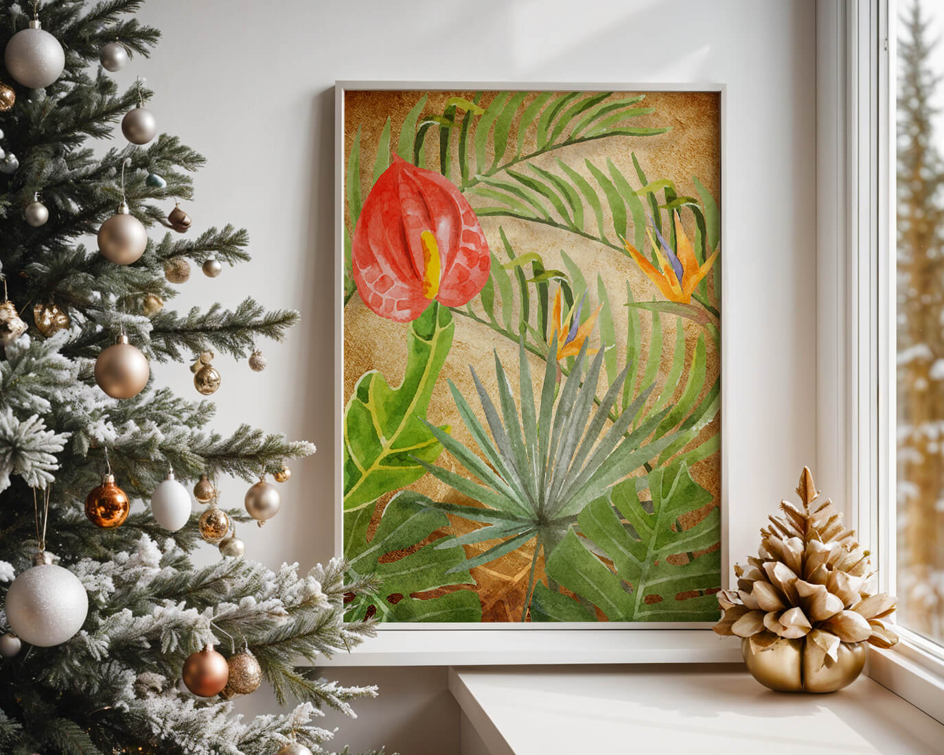 Colorful botanical illustration with tropical leaves on textured background