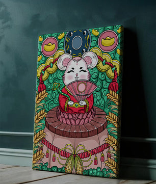 Ratón decorativo encantador con elementos asiáticos y monedas sobre un fondo vibrante