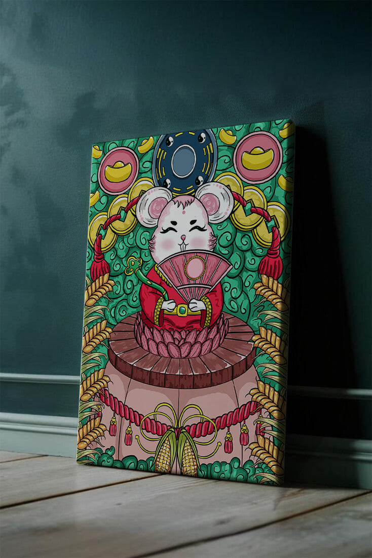 Encantador ratón decorativo con elementos asiáticos y monedas sobre un fondo vibrante.