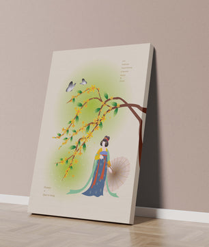 Traditional Chinese painting featuring a woman with flowers and butterflies