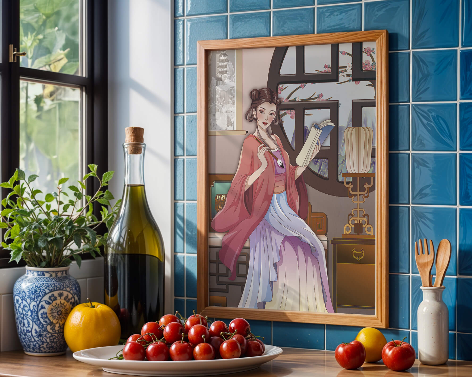 Illustrated scene of a woman in traditional attire reading by a window