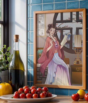 Illustrated scene of a woman in traditional attire reading by a window
