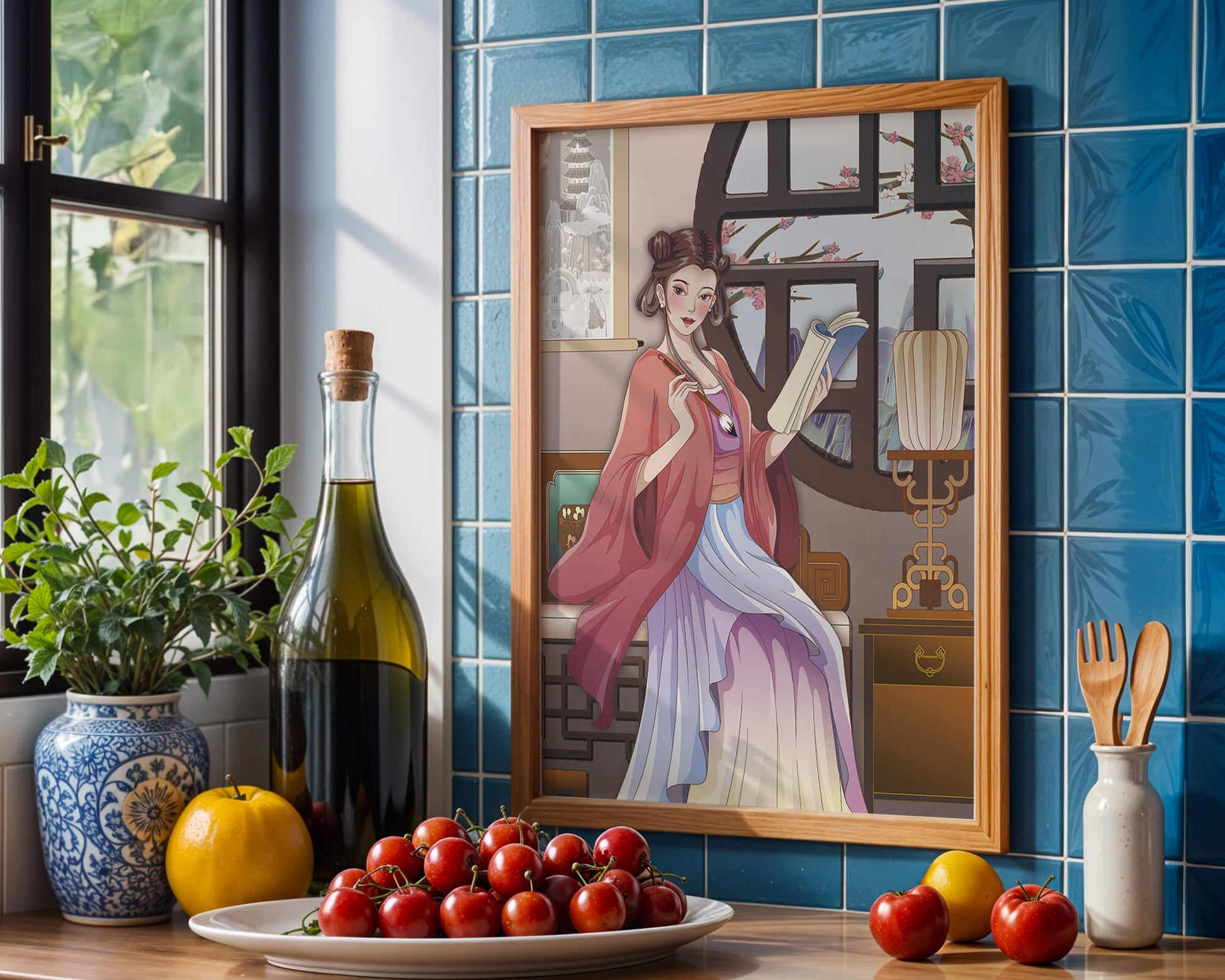 Illustrated scene of a woman in traditional attire reading by a window