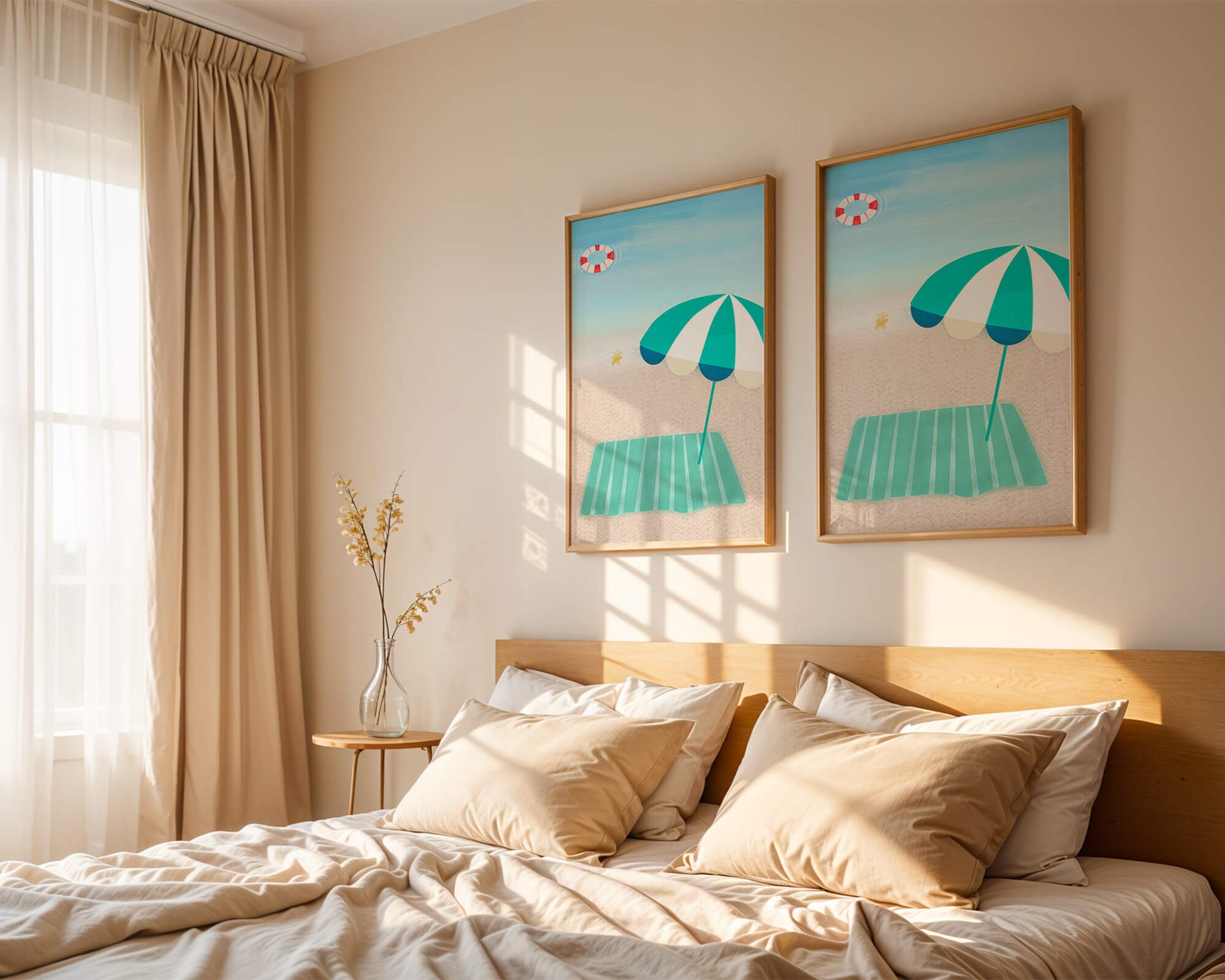 Strandszene mit Sonnenschirm und Rettungsring am Sandstrand