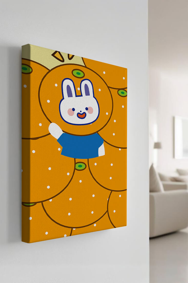 Whimsical illustration of a bunny surrounded by oranges
