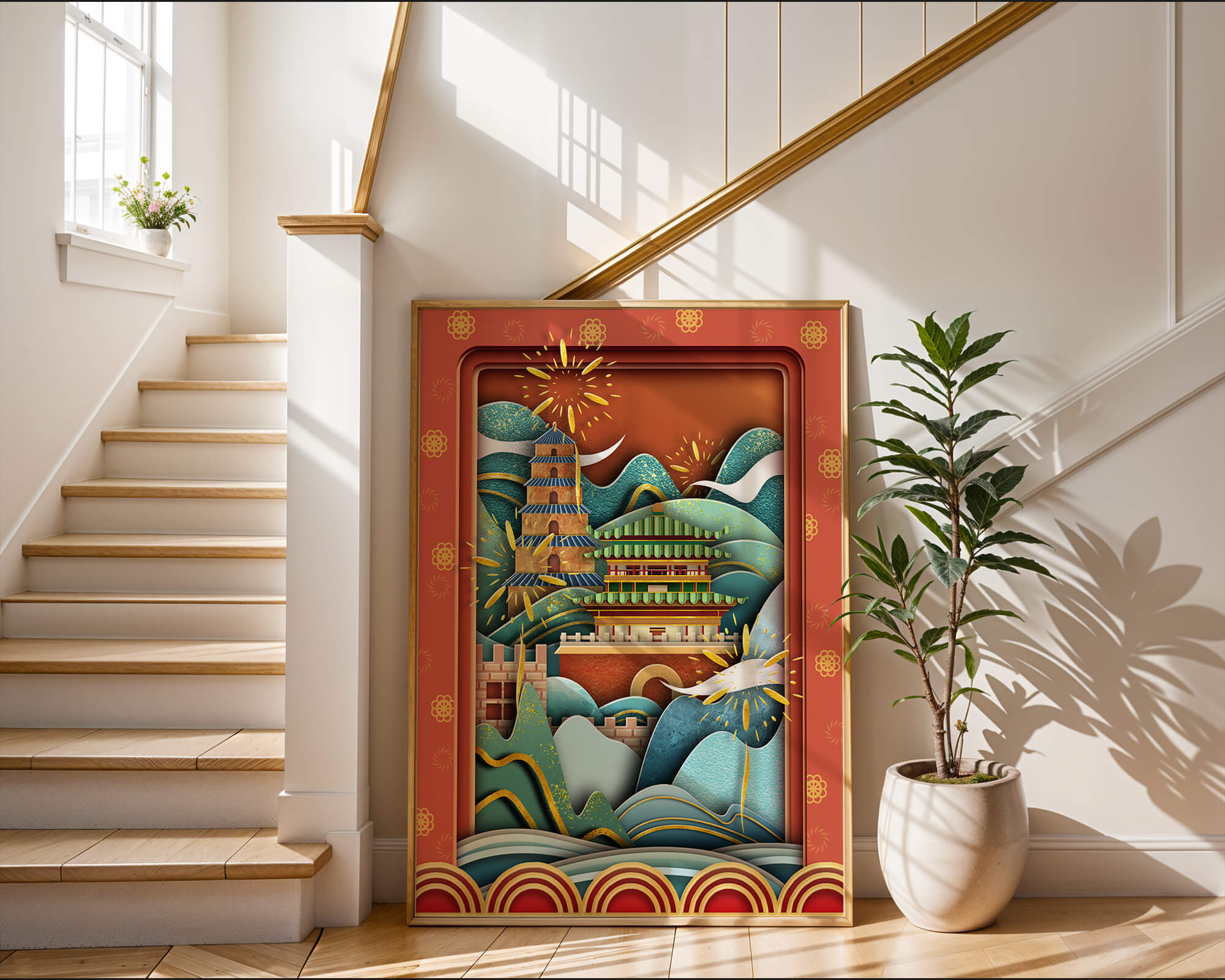 Illustrated Asian landscape with fireworks and traditional architecture