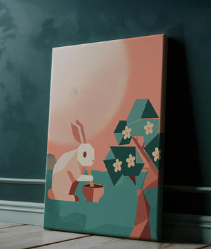 Conejo de origami abstracto con mortero y pistilo bajo un árbol en flor