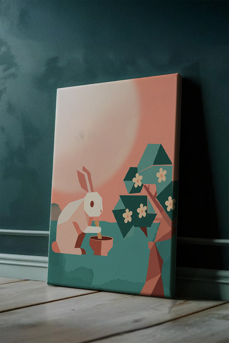 Abstract Origami Rabbit with Mortar and Pestle Under Blossom Tree
