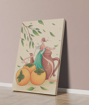 Whimsical scene with a woman in traditional attire among persimmons and leaves