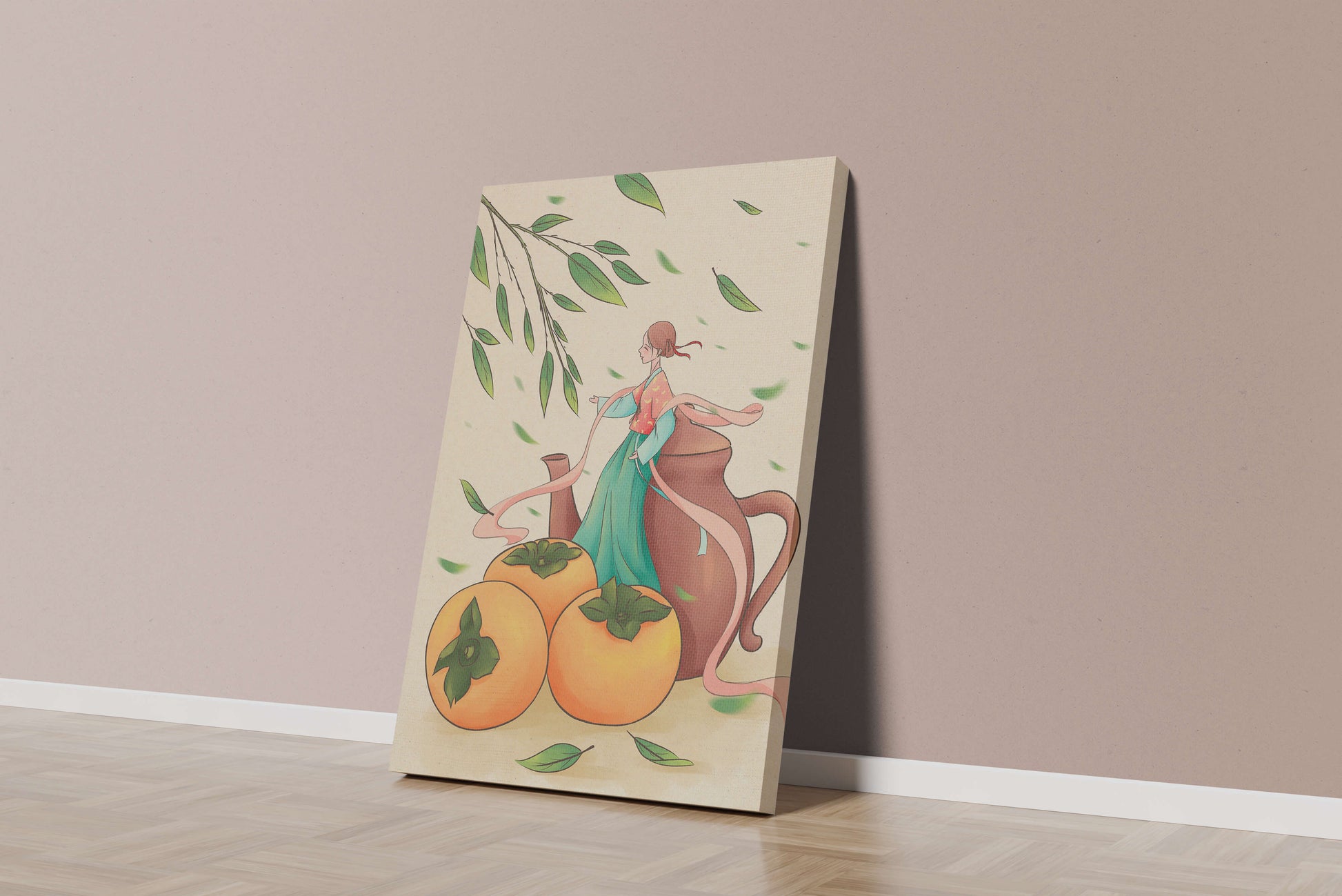 Whimsical scene with a woman in traditional attire among persimmons and leaves