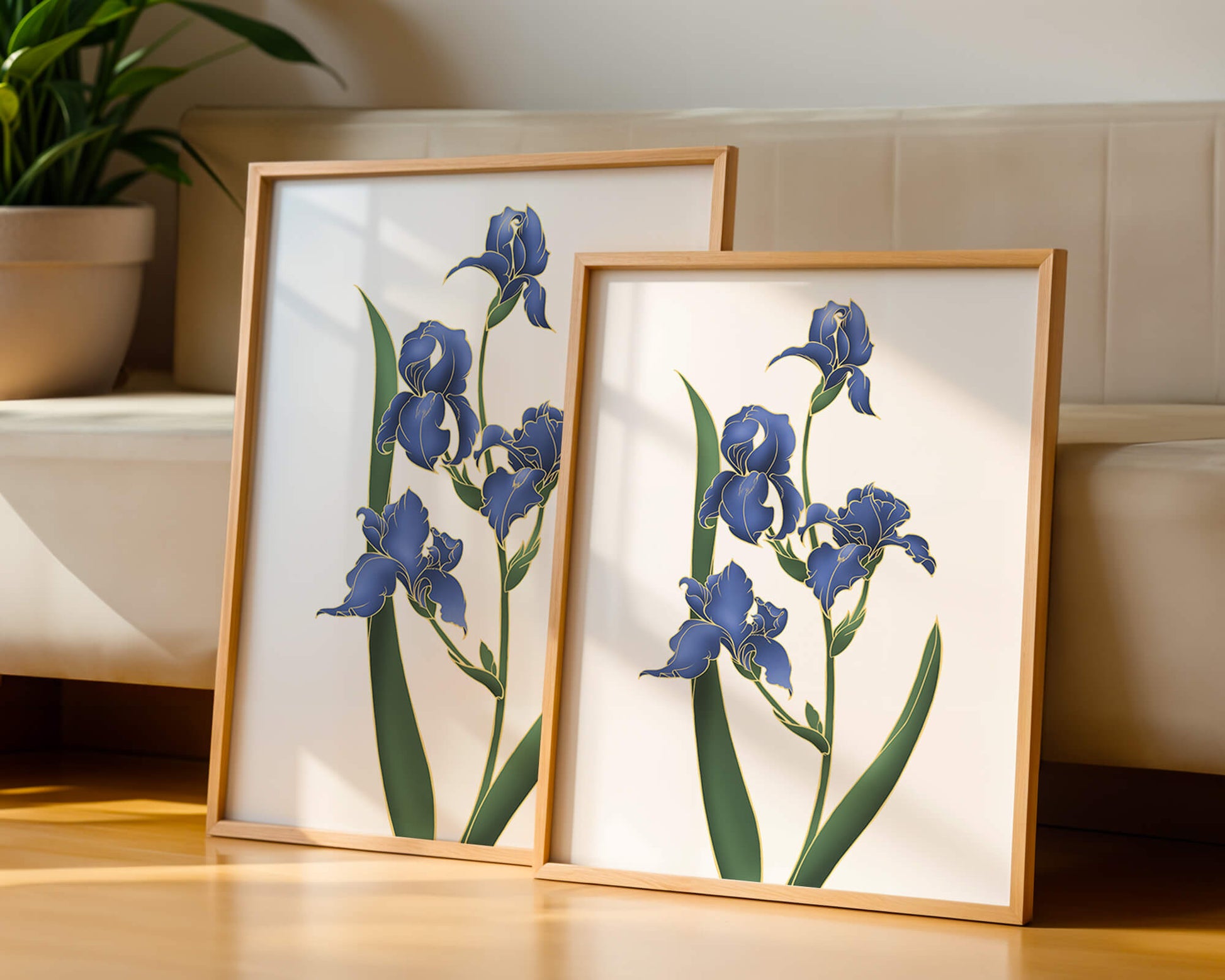 Flores de lirio azul elegantes con acentos dorados sobre un fondo blanco