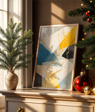 Abstract Geometric Art with Gold Accents in Blue, Yellow, and Gray - Mi tienda
