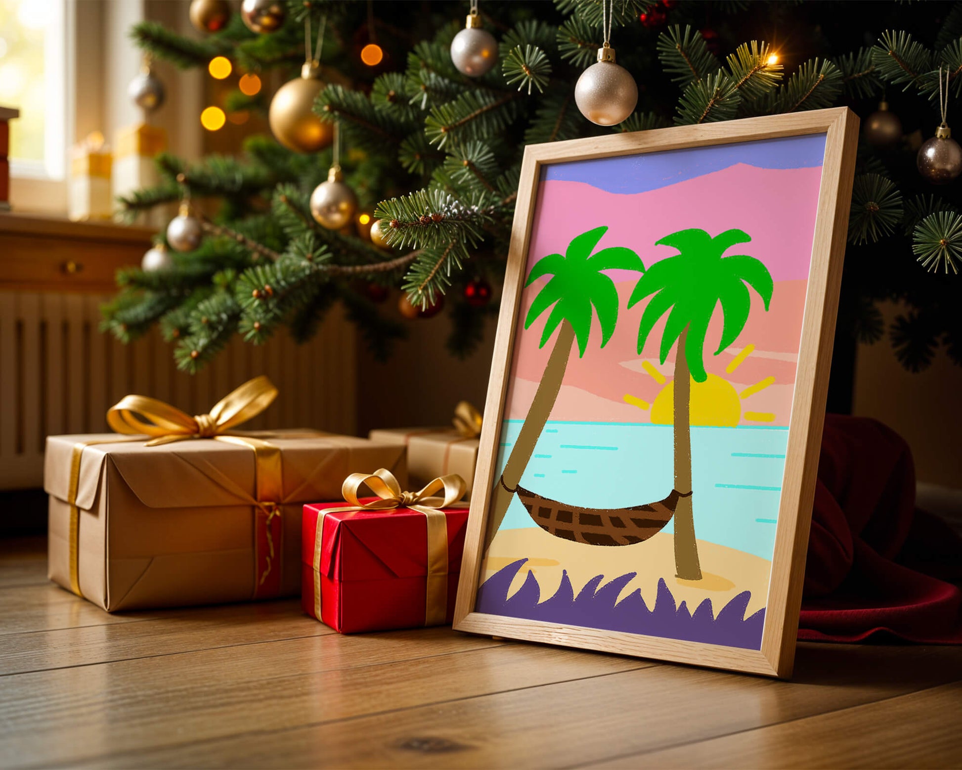 Tranquil beach scene with hammock and sunset