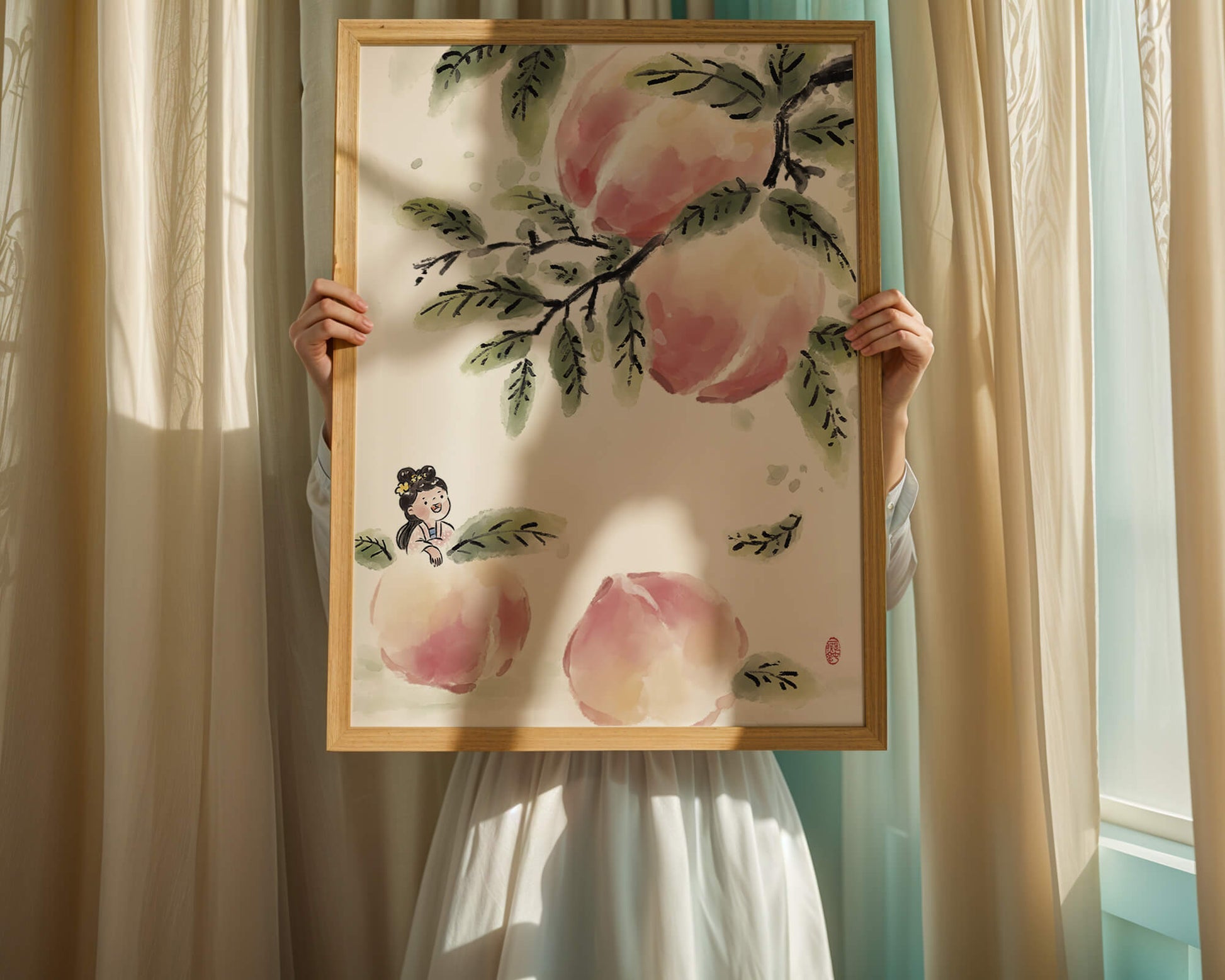 Encantadora ilustración de una chica entre flores de melocotón y hojas verdes