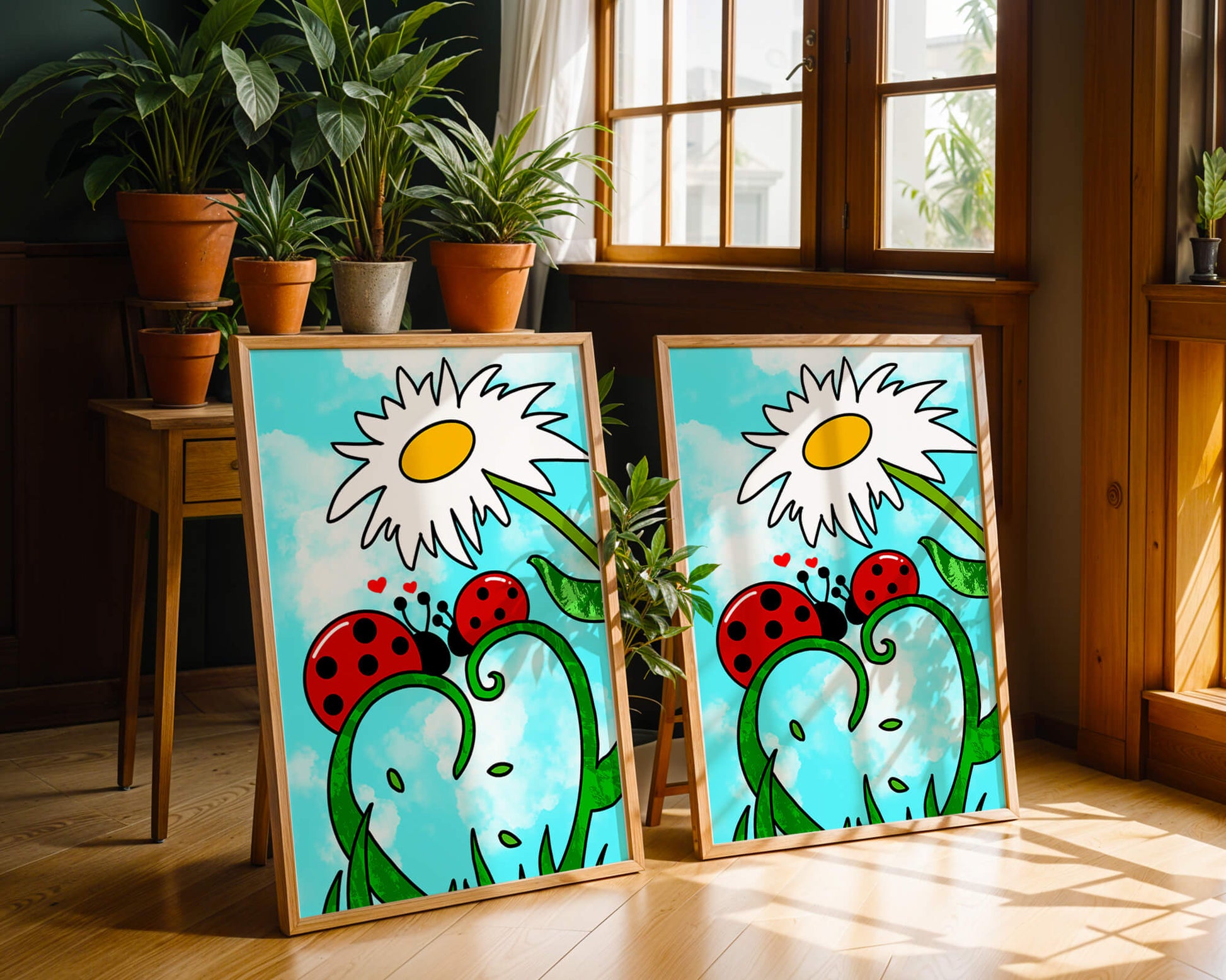Ladybugs in love beneath a daisy on a bright sky