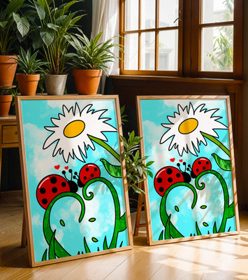 Ladybugs in love beneath a daisy on a bright sky
