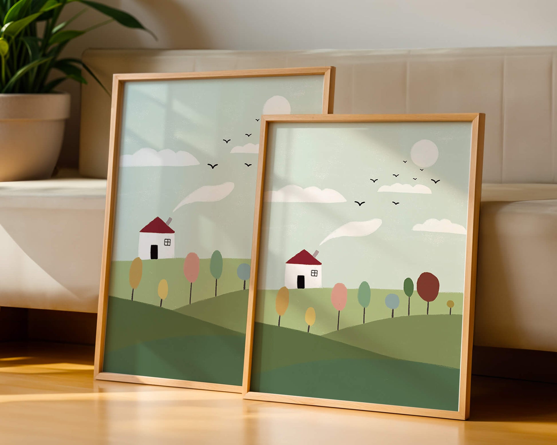 Minimalist Landscape with Colorful Trees and House