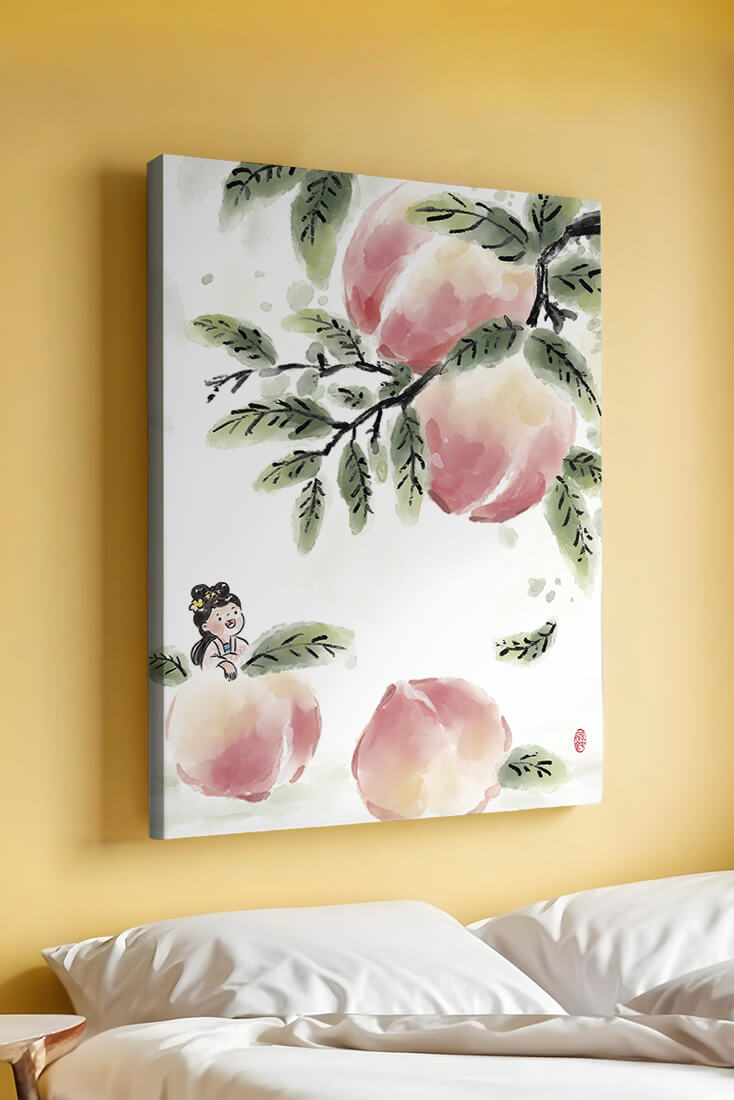 Encantadora ilustración de una chica entre flores de melocotón y hojas verdes