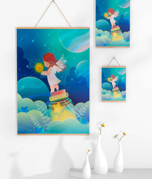Enchanting angel collecting stars in a dreamy night sky