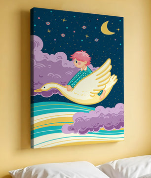Child flying on a goose through a magical night sky illustration