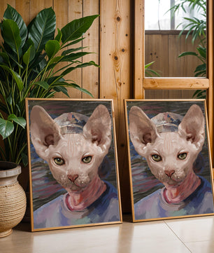 Painted portrait of a sphynx cat wearing a casual cap