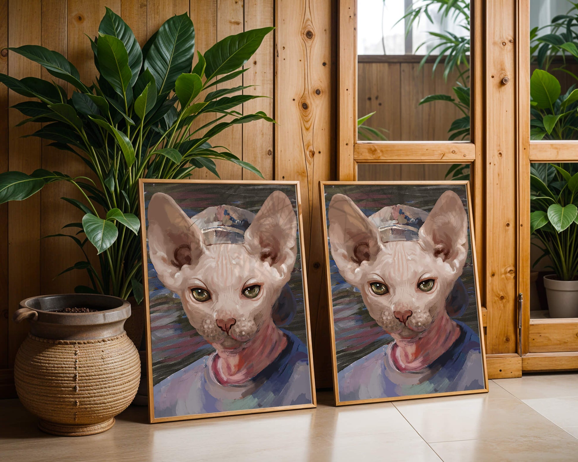 Painted portrait of a sphynx cat wearing a casual cap