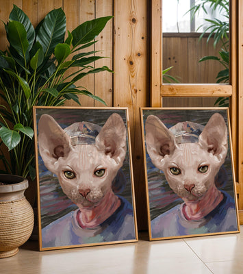Painted portrait of a sphynx cat wearing a casual cap