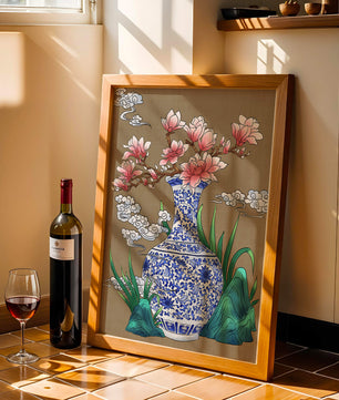 Arreglo floral elegante en un jarrón de porcelana azul y blanco con magnolias