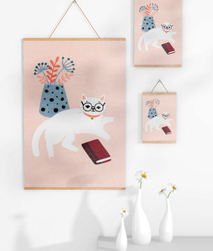 Illustration of playful cat with book and floral vase