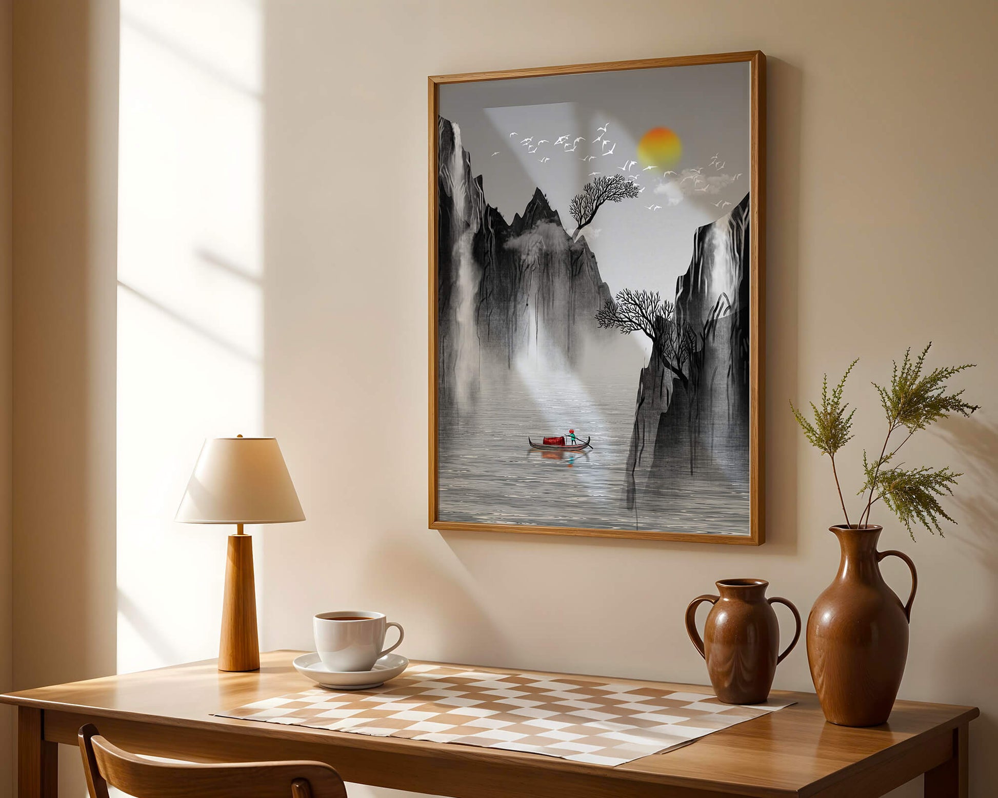 Serene landscape with mountains, river, and a boat under the sun
