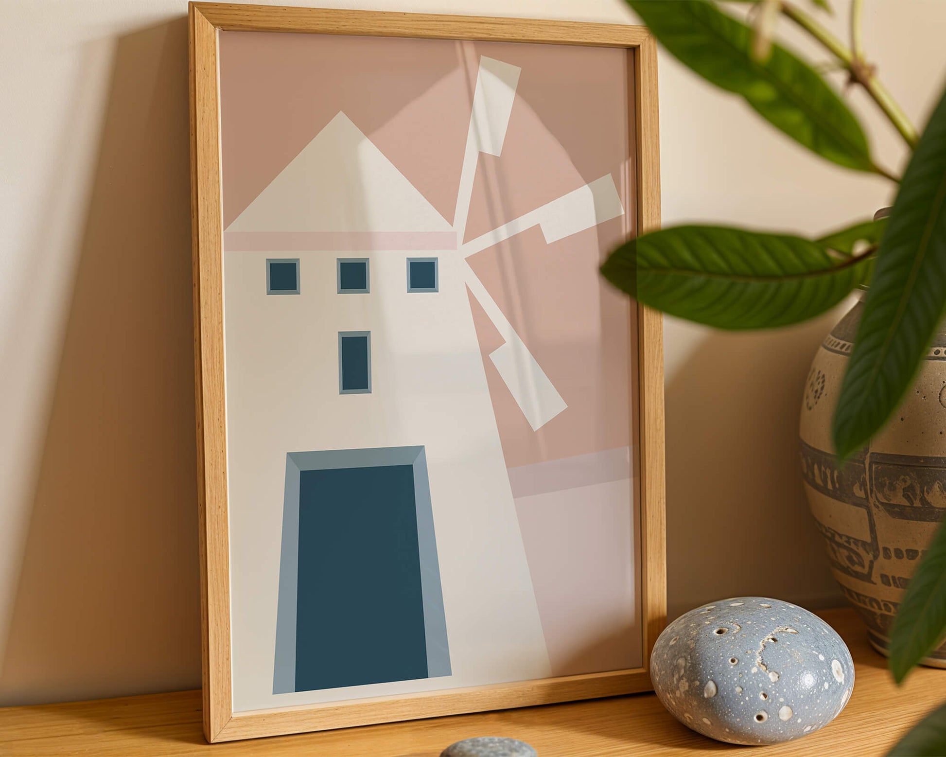 Minimalist geometric house illustration on pastel background