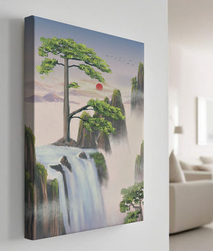Serene landscape with flowing waterfall and sunrise