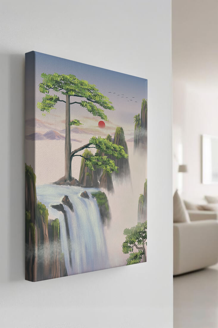 Serene landscape with flowing waterfall and sunrise