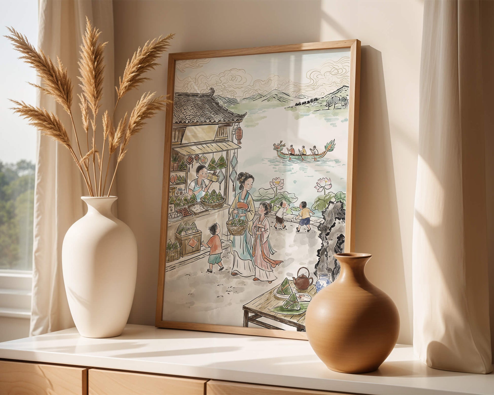 Escena tradicional del mercado chino con carreras de botes dragón