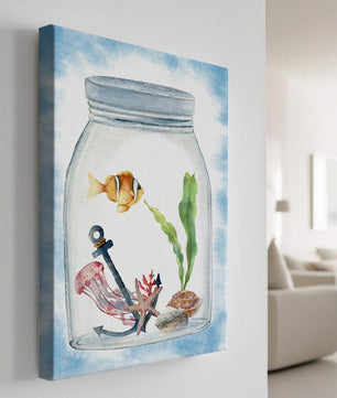Watercolor illustration of marine life in a jar with a clownfish