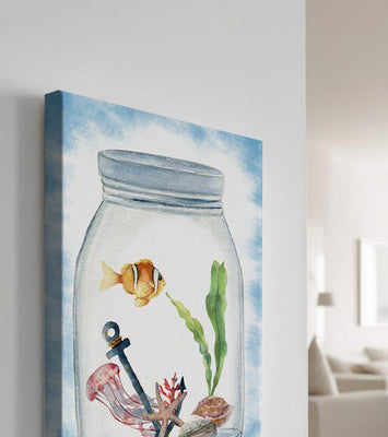 Watercolor illustration of marine life in a jar with a clownfish