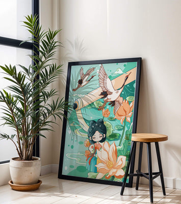 Serene Asian Art Illustration with Cranes and Lotus Flowers