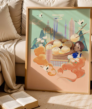 Illustration de la ligne d’horizon de Shanghai avec des raviolis et des éléments asiatiques