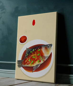 Illustration of a colorful fish dish with garnish